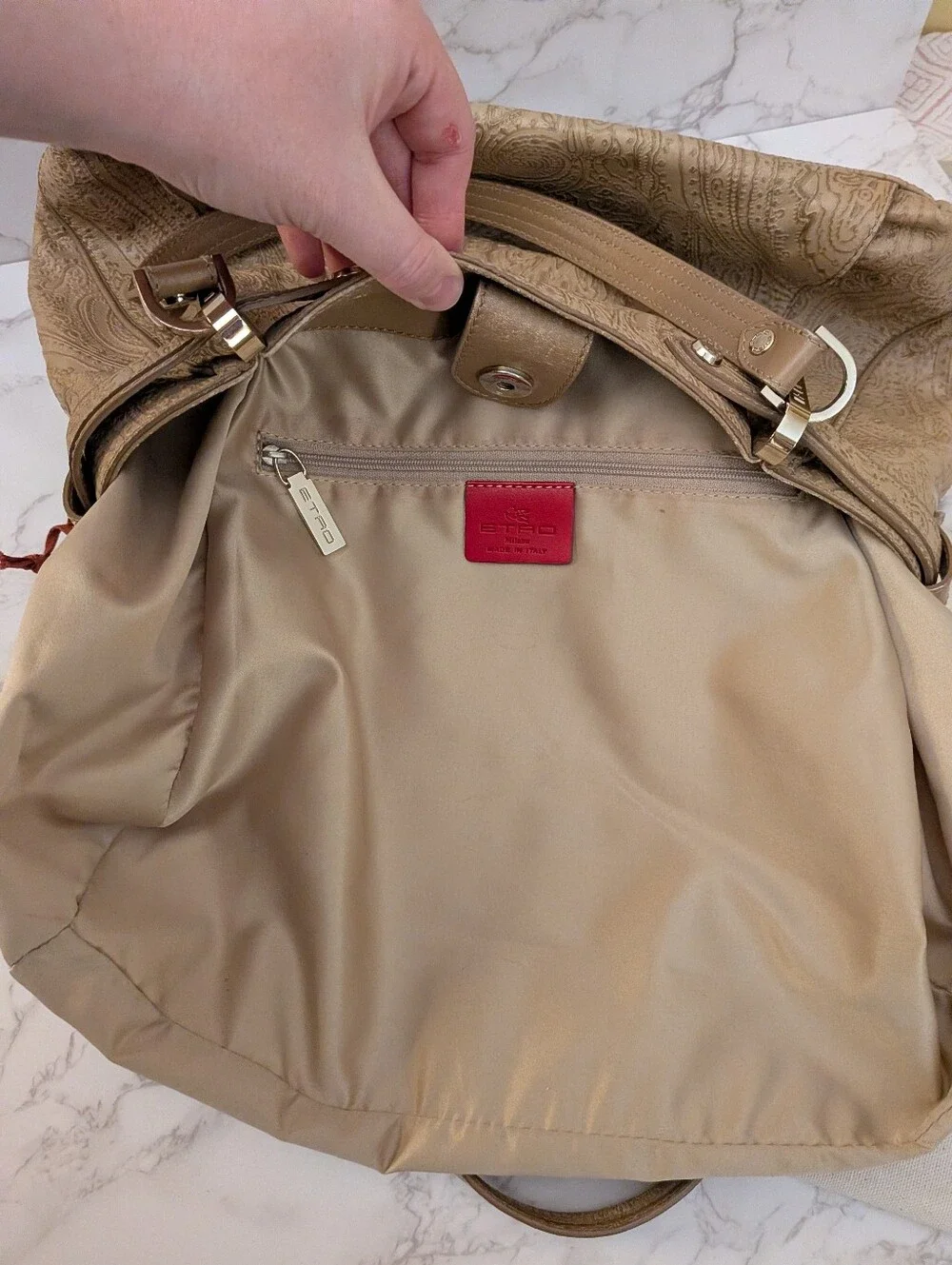 Etro Taupe Paisley-Embossed Leather Shoulder Bag With Dust Bag